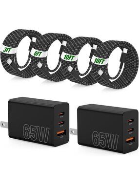 65W Super Fast USB-C Charger & 3 Braided Cords for Quick Charging Devices